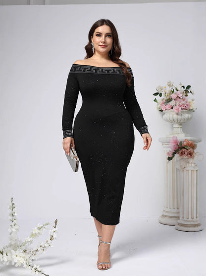 Bodycon Midi Dress with Off-Shoulder and Rhinestone Detail