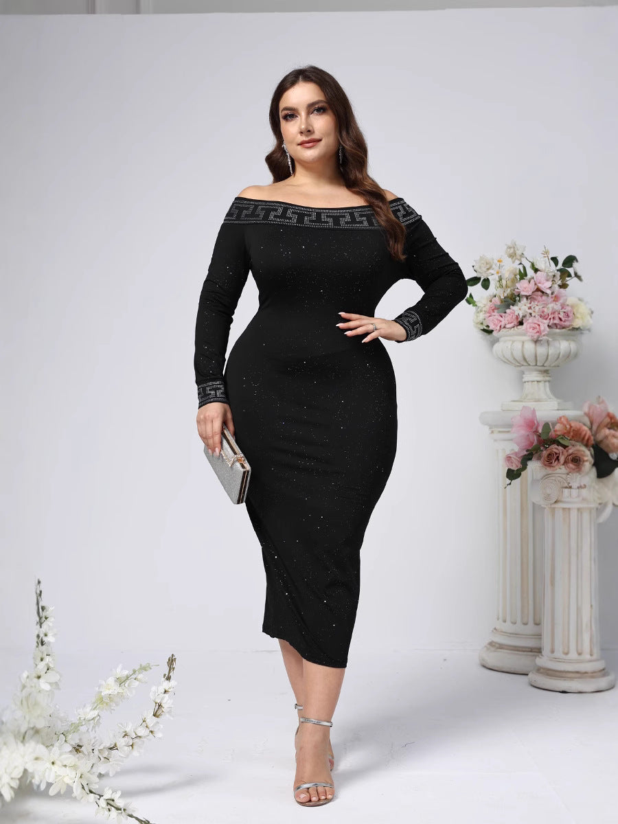 Bodycon Midi Dress with Off-Shoulder and Rhinestone Detail