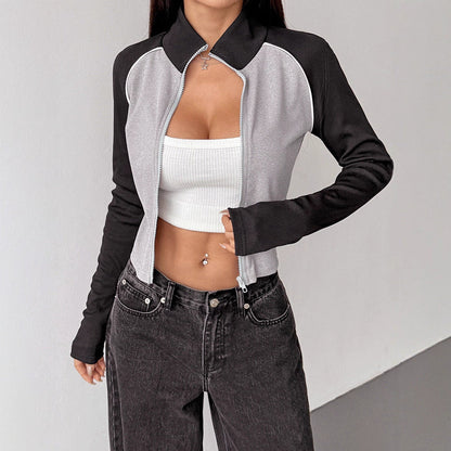 Cropped Color Block Zip-Up Top with Stand Collar