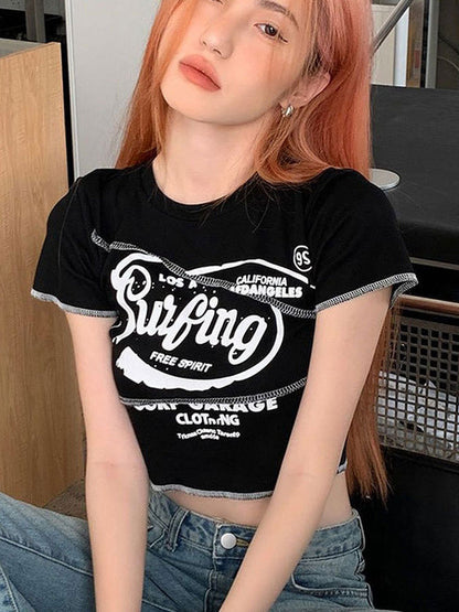 Cropped Letter Print T-Shirt with Exposed Seams