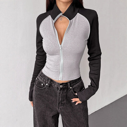 Cropped Color Block Zip-Up Top with Stand Collar