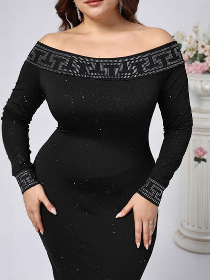 Bodycon Midi Dress with Off-Shoulder and Rhinestone Detail