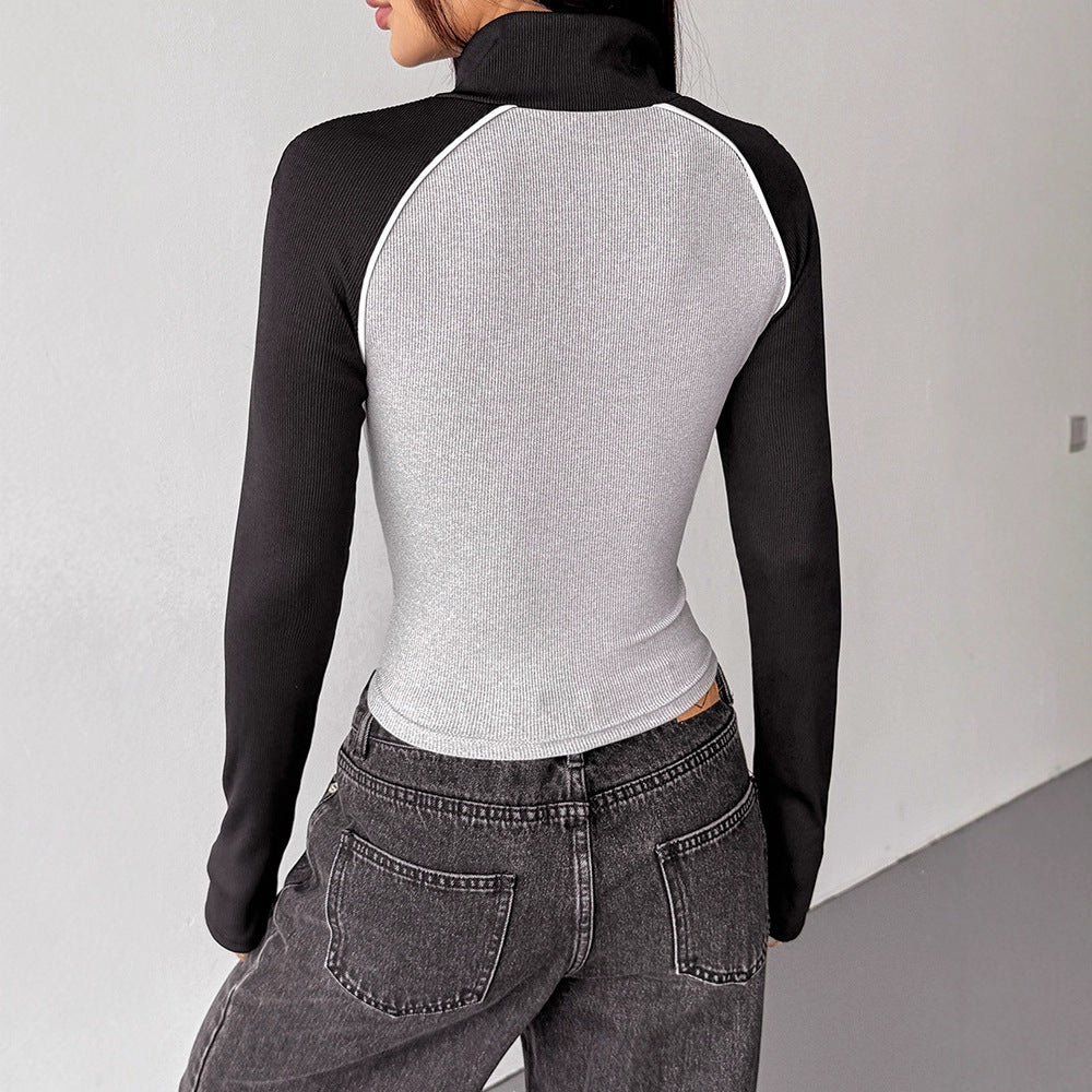 Cropped Color Block Zip-Up Top with Stand Collar