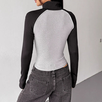 Cropped Color Block Zip-Up Top with Stand Collar