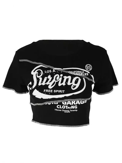 Cropped Letter Print T-Shirt with Exposed Seams