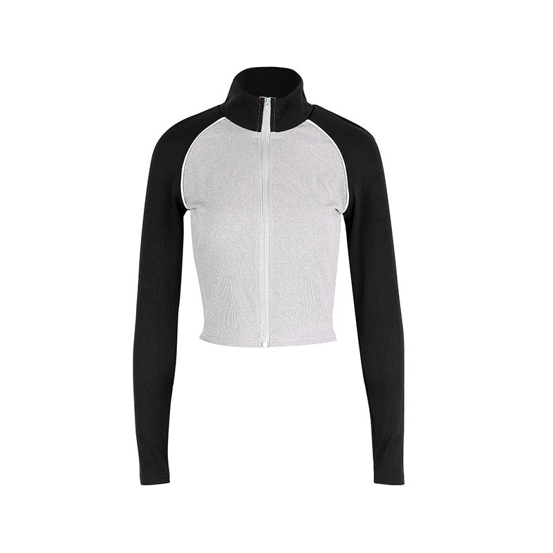 Cropped Color Block Zip-Up Top with Stand Collar