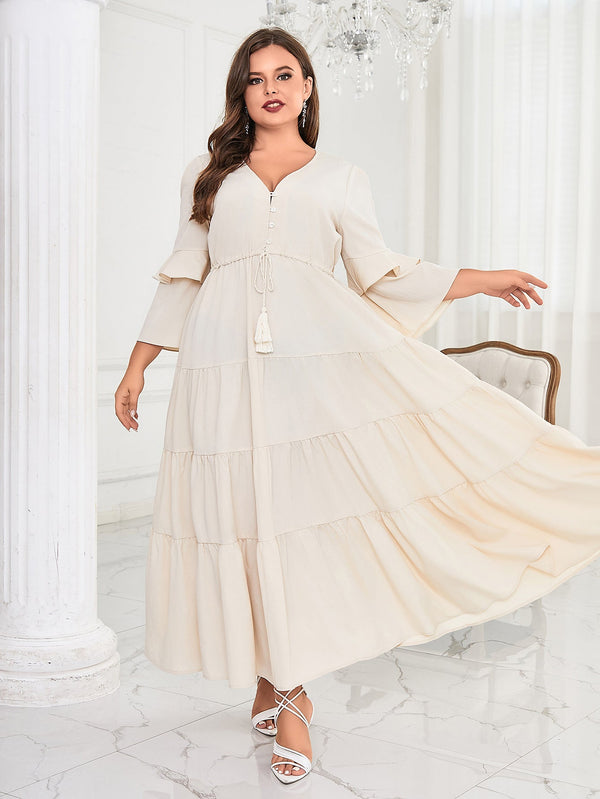Solid Maxi Dress with V-Neck, Tiered Skirt, and Bell Sleeves