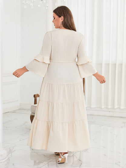 Solid Maxi Dress with V-Neck, Tiered Skirt, and Bell Sleeves