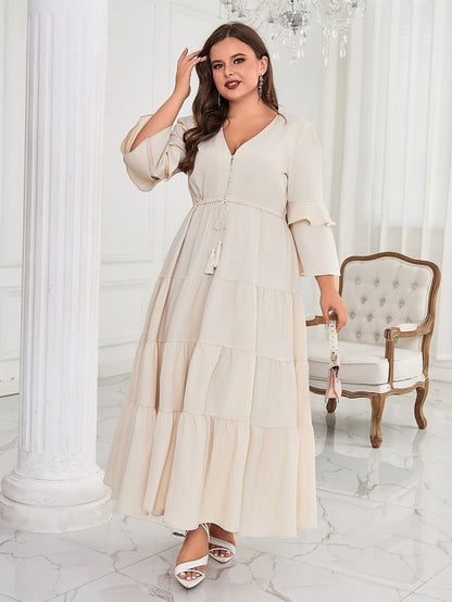 Solid Maxi Dress with V-Neck, Tiered Skirt, and Bell Sleeves