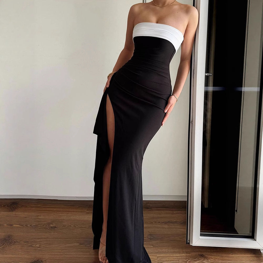 Bodycon Maxi Dress with Contrast Tube Top and High Slit