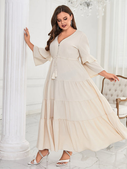Solid Maxi Dress with V-Neck, Tiered Skirt, and Bell Sleeves