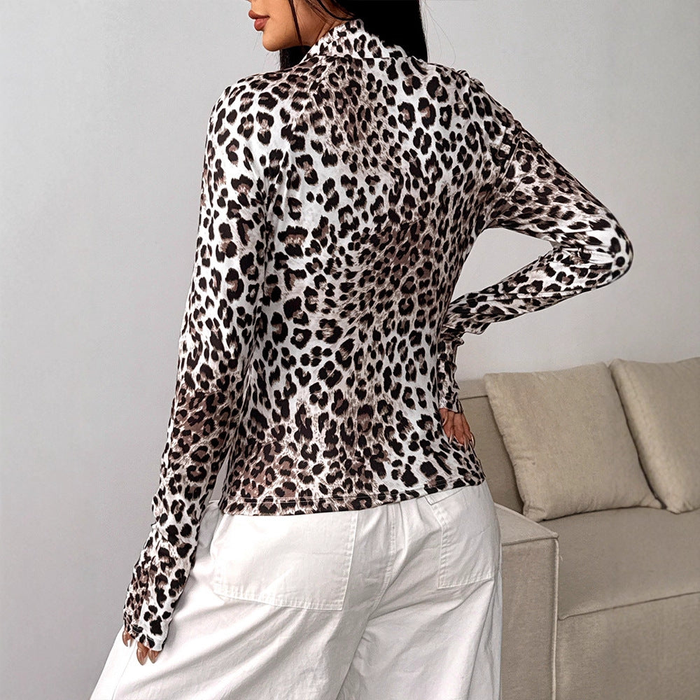 Leopard Print Long-Sleeve Zip-Up Top with High Collar