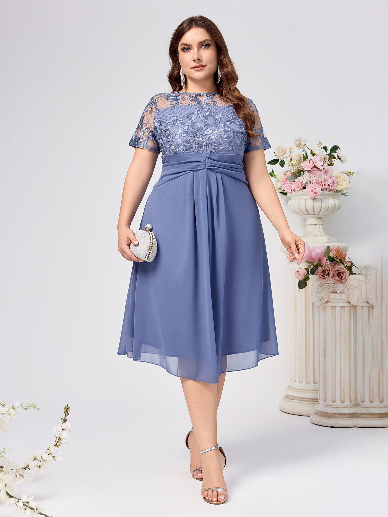 Plus Size A-Line Midi Dress with Lace Bodice and Chiffon Skirt
