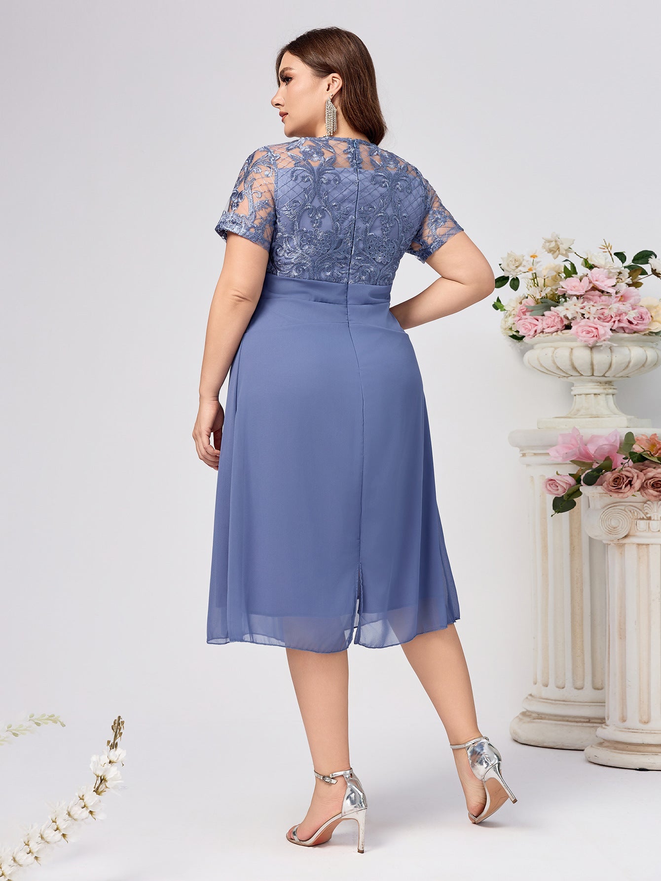 Plus Size A-Line Midi Dress with Lace Bodice and Chiffon Skirt