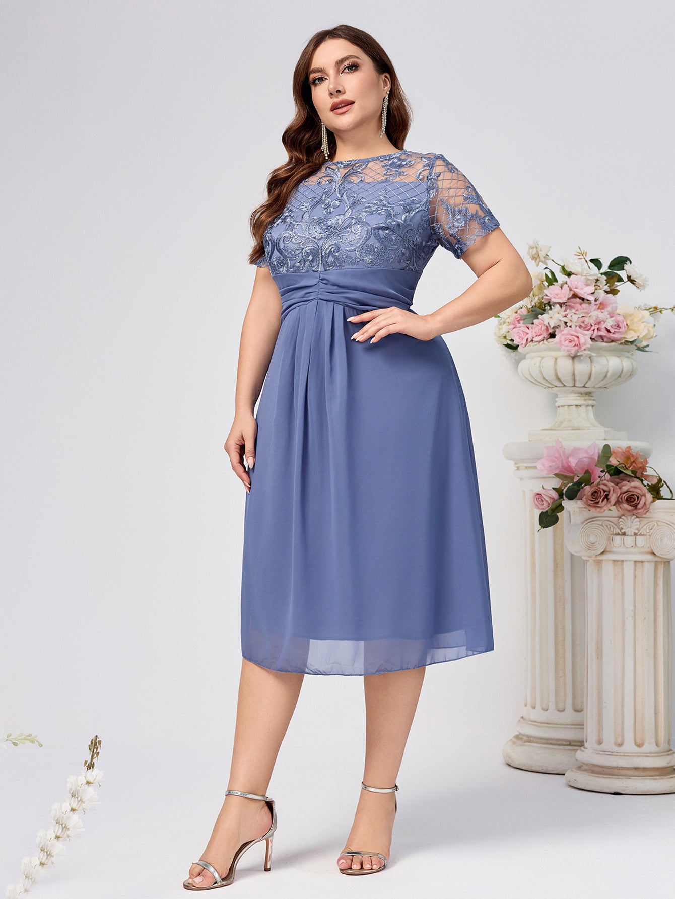 Plus Size A-Line Midi Dress with Lace Bodice and Chiffon Skirt