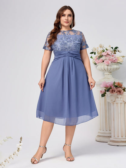 Plus Size A-Line Midi Dress with Lace Bodice and Chiffon Skirt