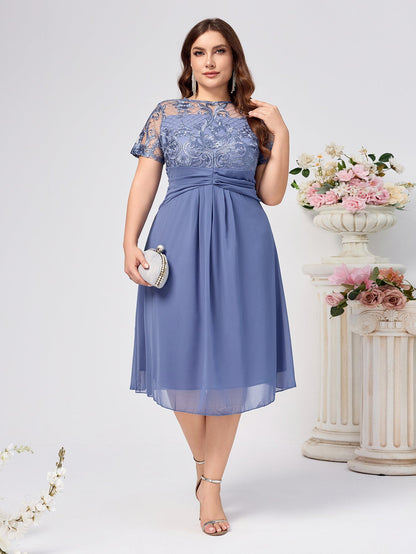 Plus Size A-Line Midi Dress with Lace Bodice and Chiffon Skirt