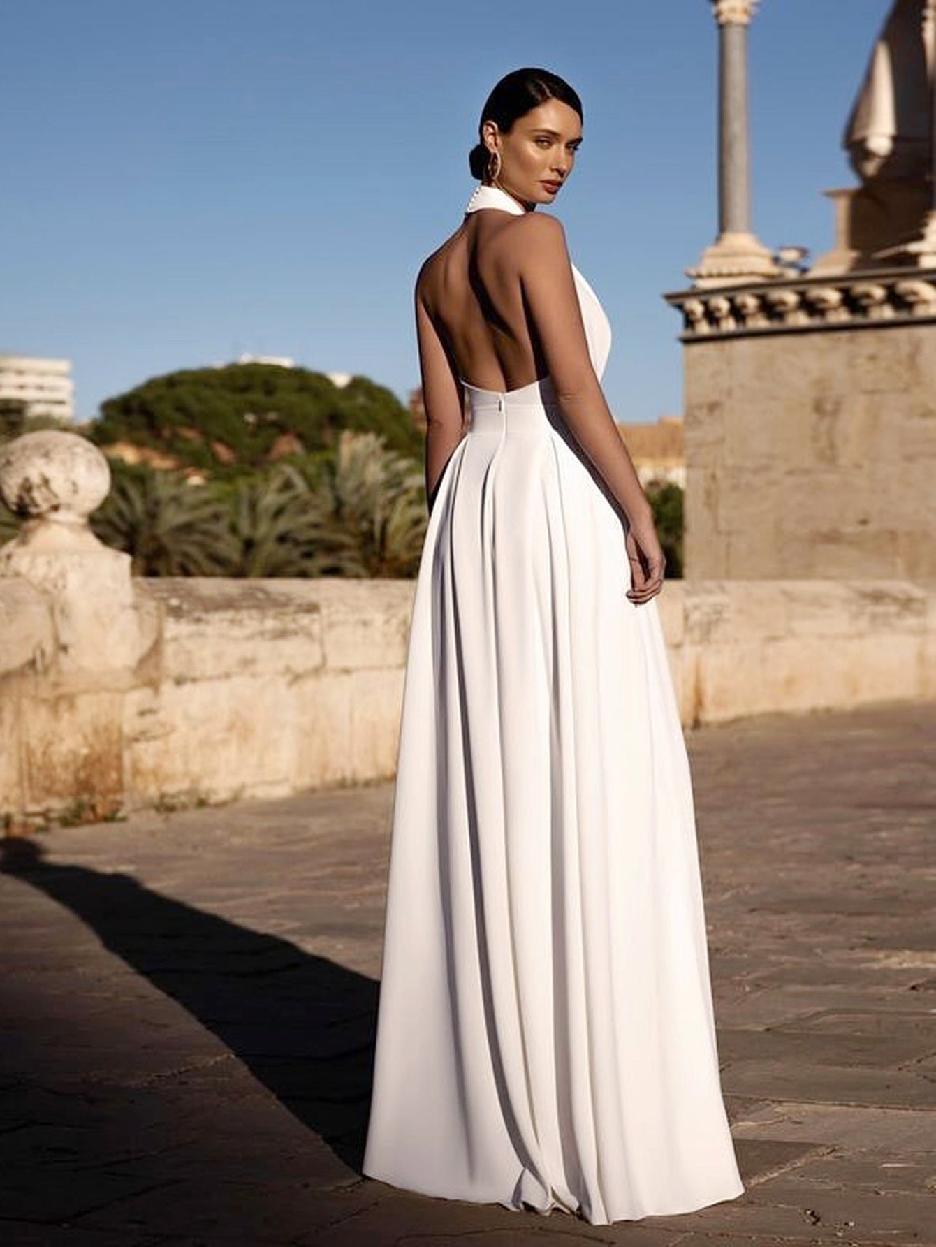 Wide-Leg Jumpsuit with Halter Neck and Deep V-Neck