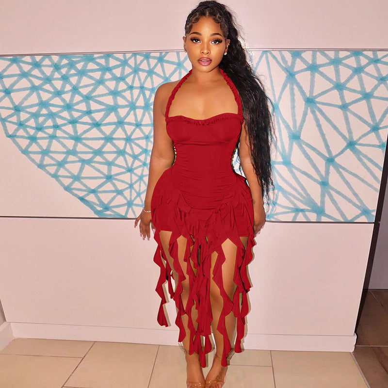 Bodycon Mini Dress with Halter Neck and Tassel Hem
