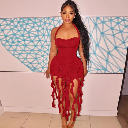 Bodycon Mini Dress with Halter Neck and Tassel Hem