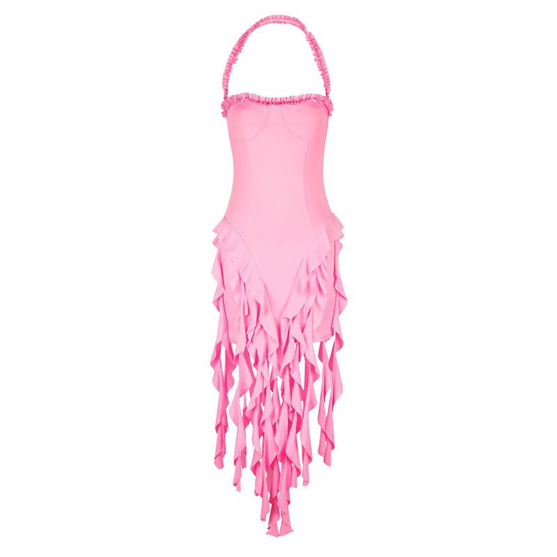 Bodycon Mini Dress with Halter Neck and Tassel Hem