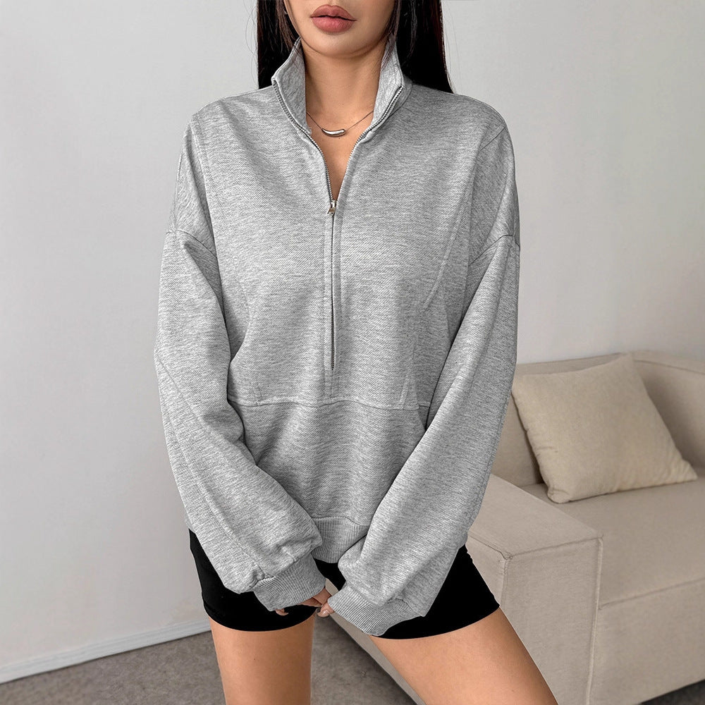 Oversized Quarter-Zip Sweatshirt with Stand Collar