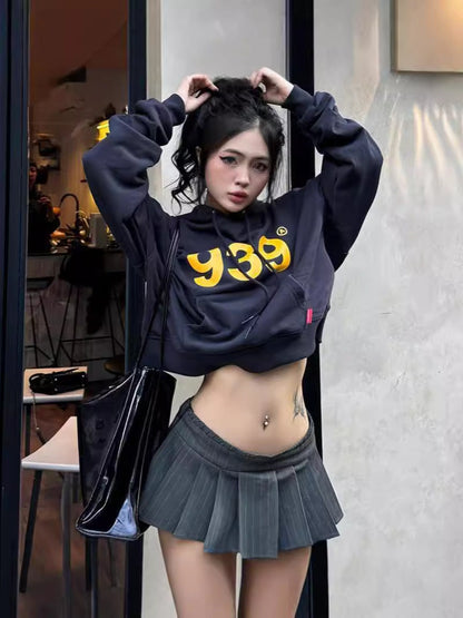 Cropped Hooded Sweatshirt with Golden Letter Print