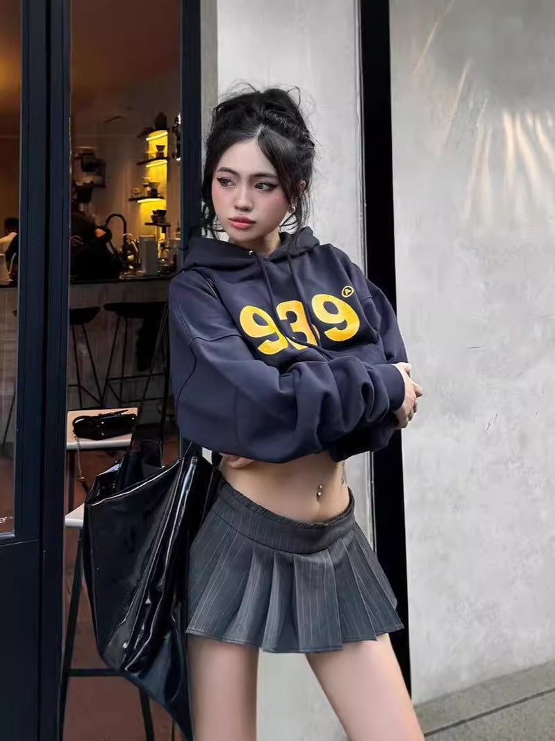 Cropped Hooded Sweatshirt with Golden Letter Print