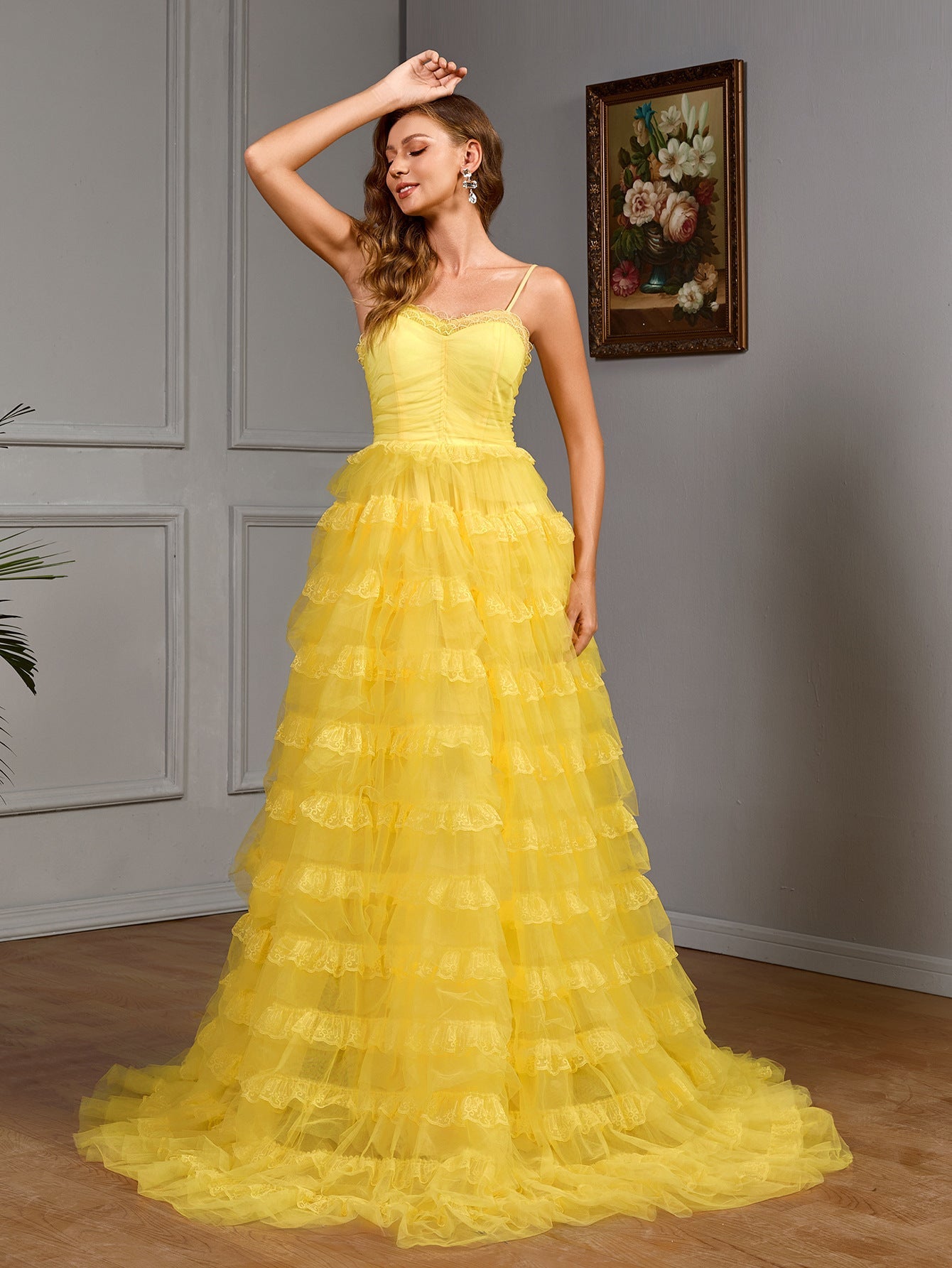 Solid Spaghetti Strap Gown with Tiered Ruffle Skirt