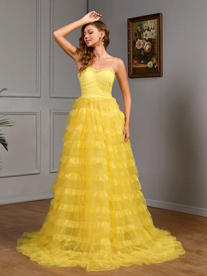 Solid Spaghetti Strap Gown with Tiered Ruffle Skirt