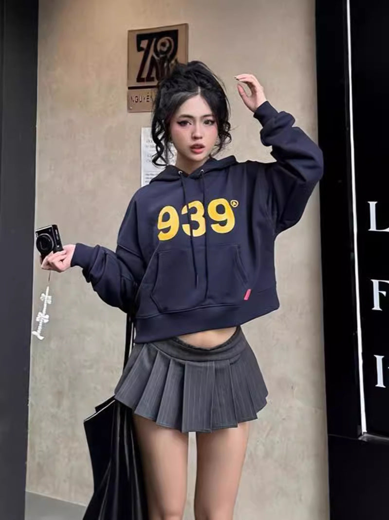 Cropped Hooded Sweatshirt with Golden Letter Print