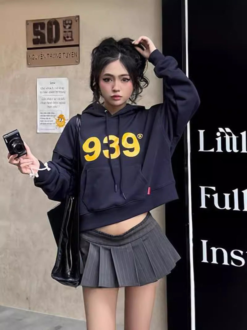 Cropped Hooded Sweatshirt with Golden Letter Print
