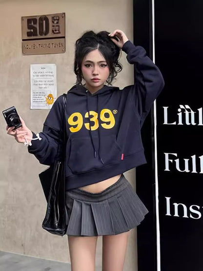 Cropped Hooded Sweatshirt with Golden Letter Print