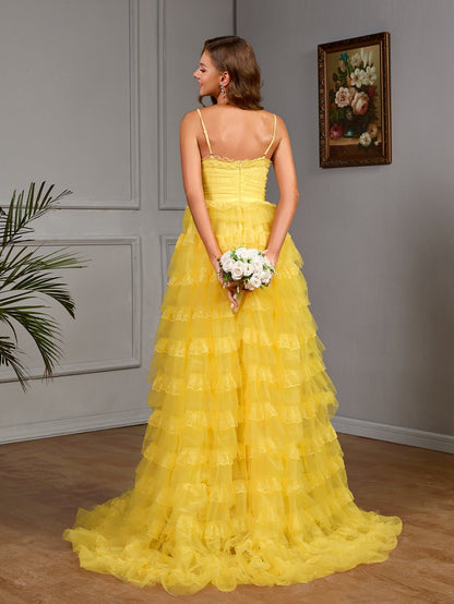 Solid Spaghetti Strap Gown with Tiered Ruffle Skirt