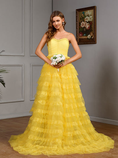 Solid Spaghetti Strap Gown with Tiered Ruffle Skirt
