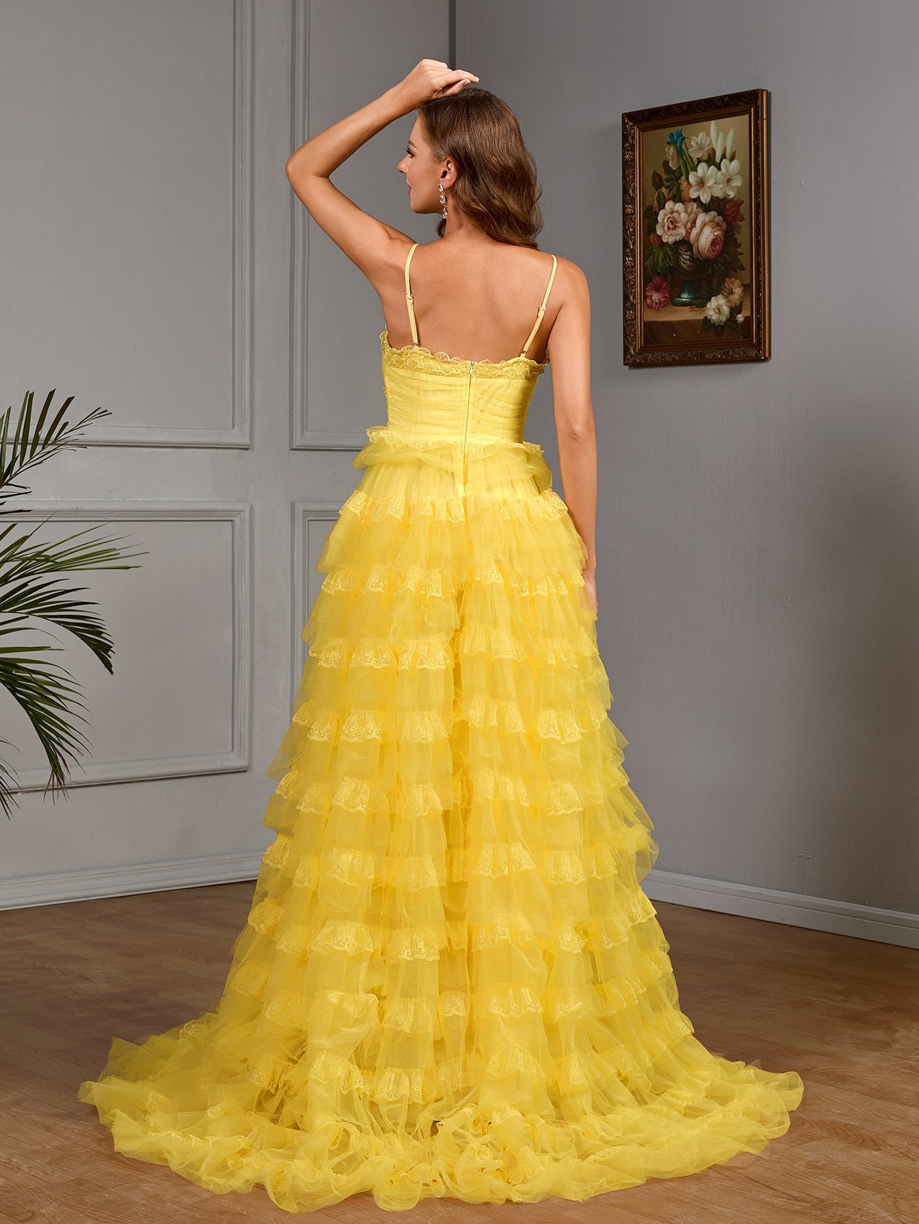 Solid Spaghetti Strap Gown with Tiered Ruffle Skirt
