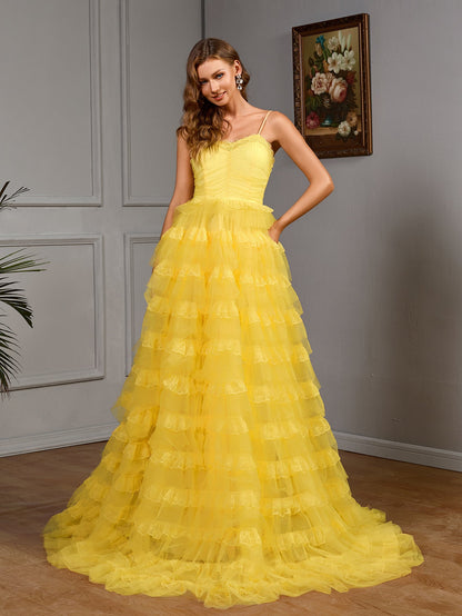Solid Spaghetti Strap Gown with Tiered Ruffle Skirt