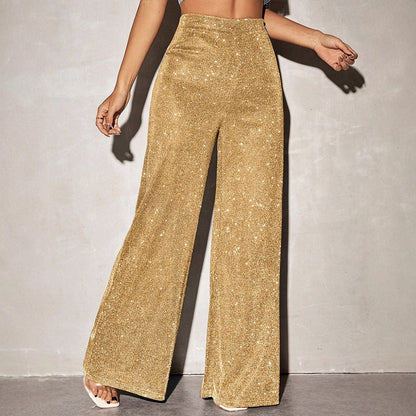 High-Waist Wide-Leg Trousers with Gold Glitter