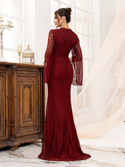 Lace Fishtail Gown with Deep V-Neck and High Slit