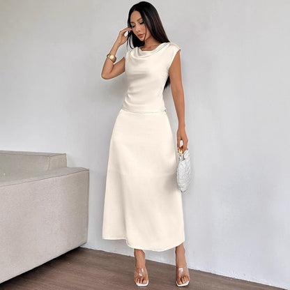 Solid Apricot Satin Skirt Set with Cowl Neck Top and Long Skirt