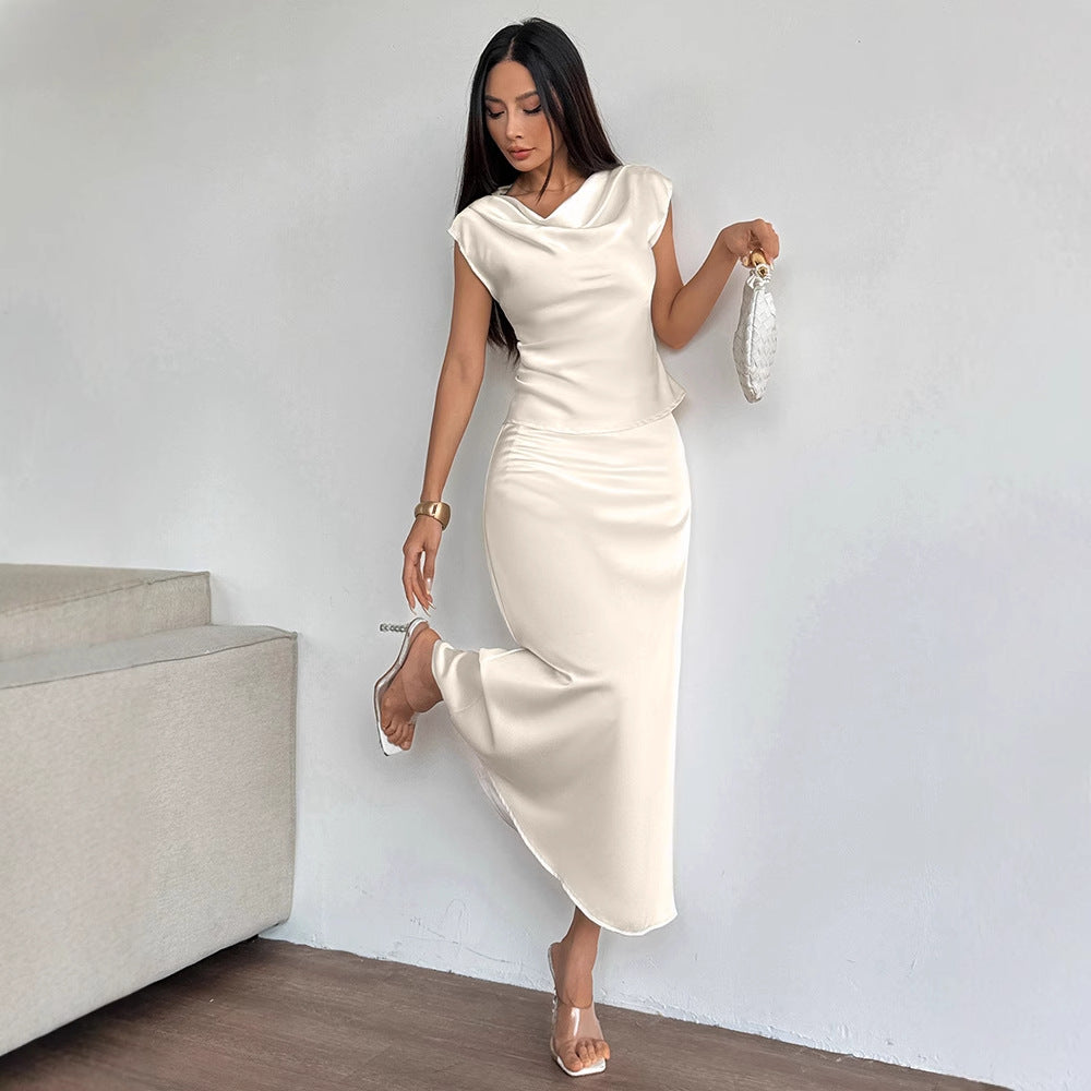 Solid Apricot Satin Skirt Set with Cowl Neck Top and Long Skirt
