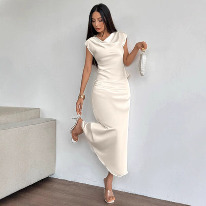 Solid Apricot Satin Skirt Set with Cowl Neck Top and Long Skirt