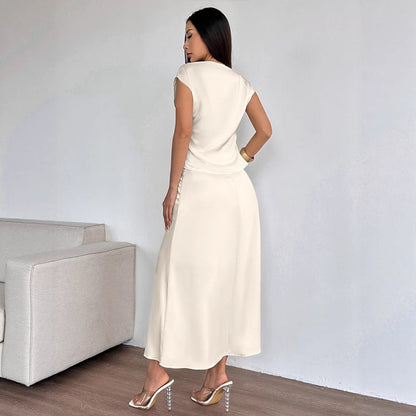 Solid Apricot Satin Skirt Set with Cowl Neck Top and Long Skirt