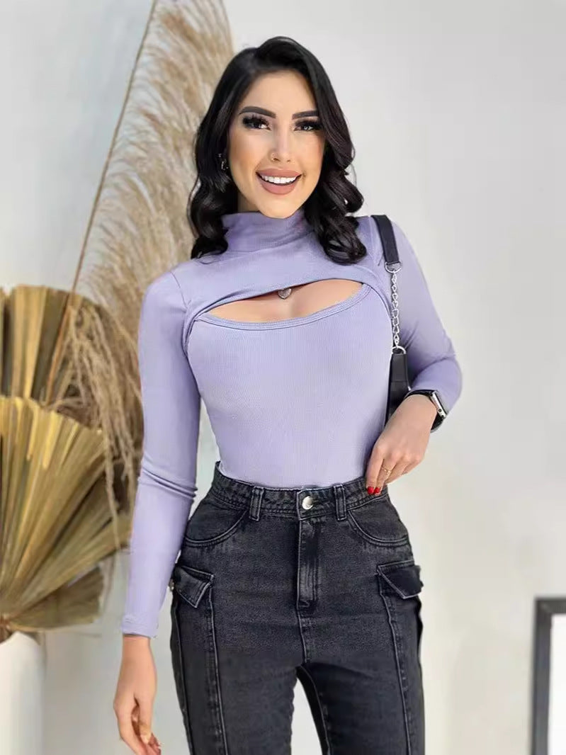 Ribbed Mock Neck Top with Long Sleeves and Bust Cut-Out