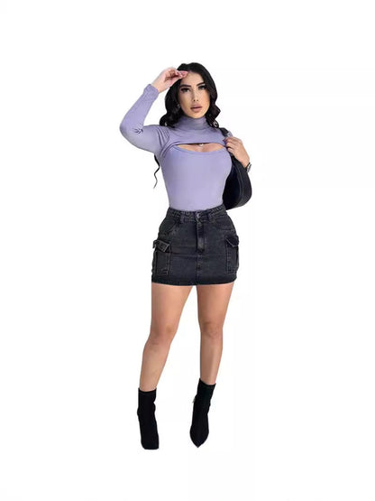 Ribbed Mock Neck Top with Long Sleeves and Bust Cut-Out