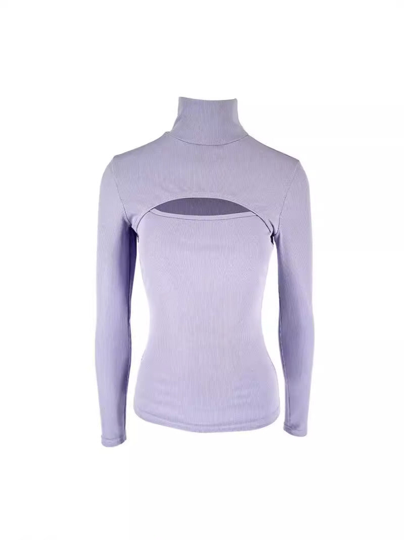 Ribbed Mock Neck Top with Long Sleeves and Bust Cut-Out