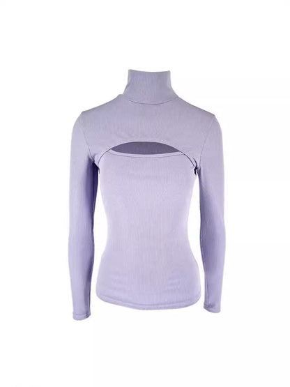 Ribbed Mock Neck Top with Long Sleeves and Bust Cut-Out