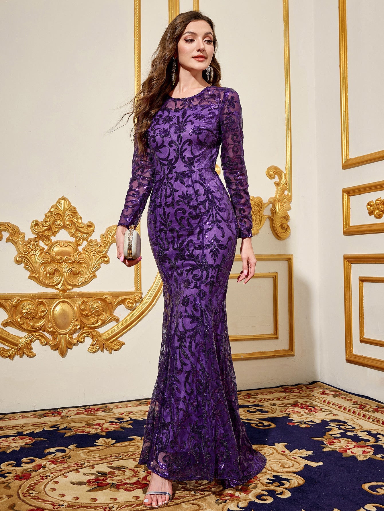 Mermaid Maxi Dress with Long Sleeves and Floral Sequins