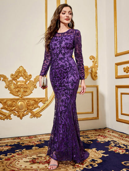 Mermaid Maxi Dress with Long Sleeves and Floral Sequins