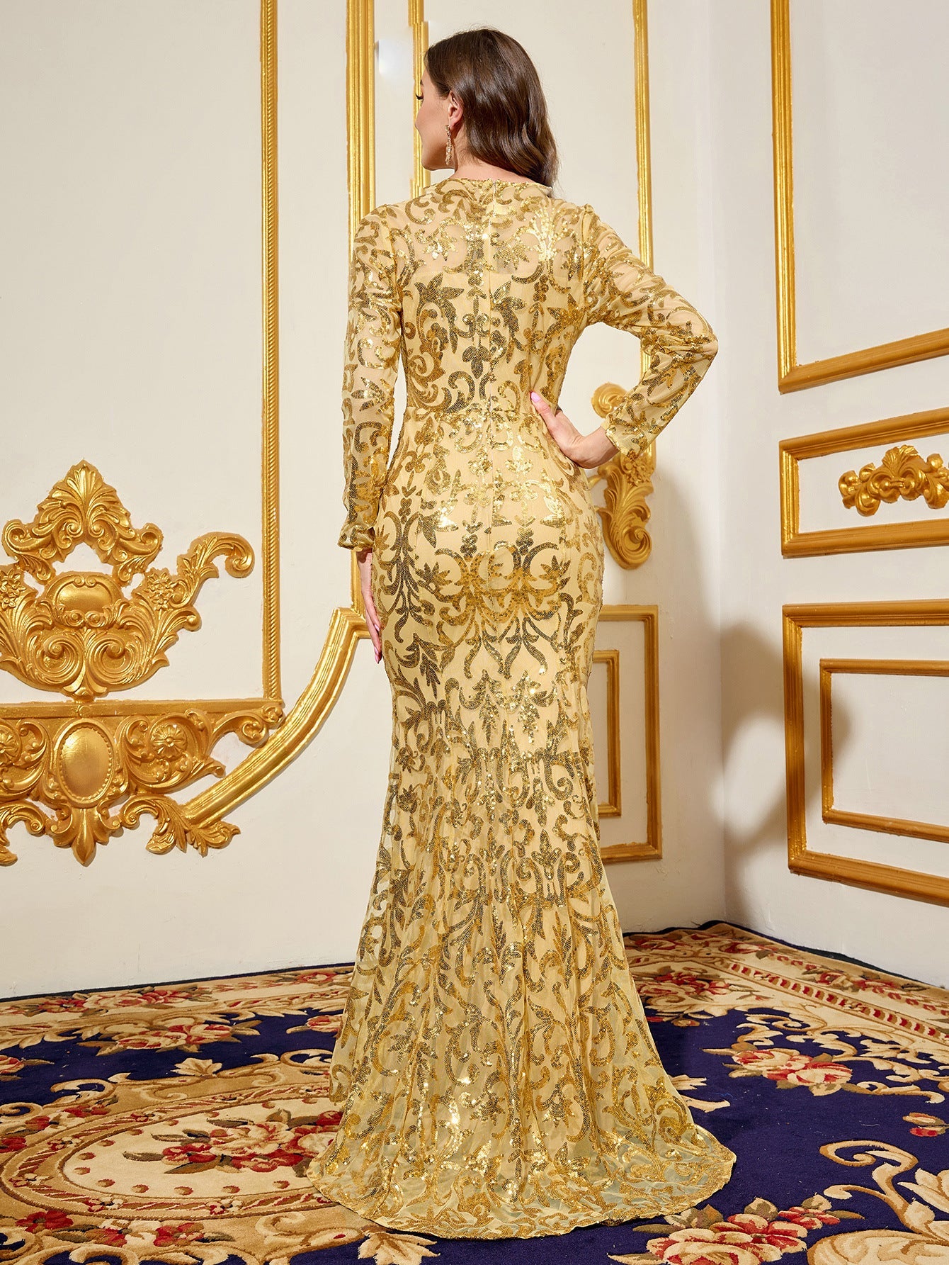 Mermaid Maxi Dress with Long Sleeves and Floral Sequins